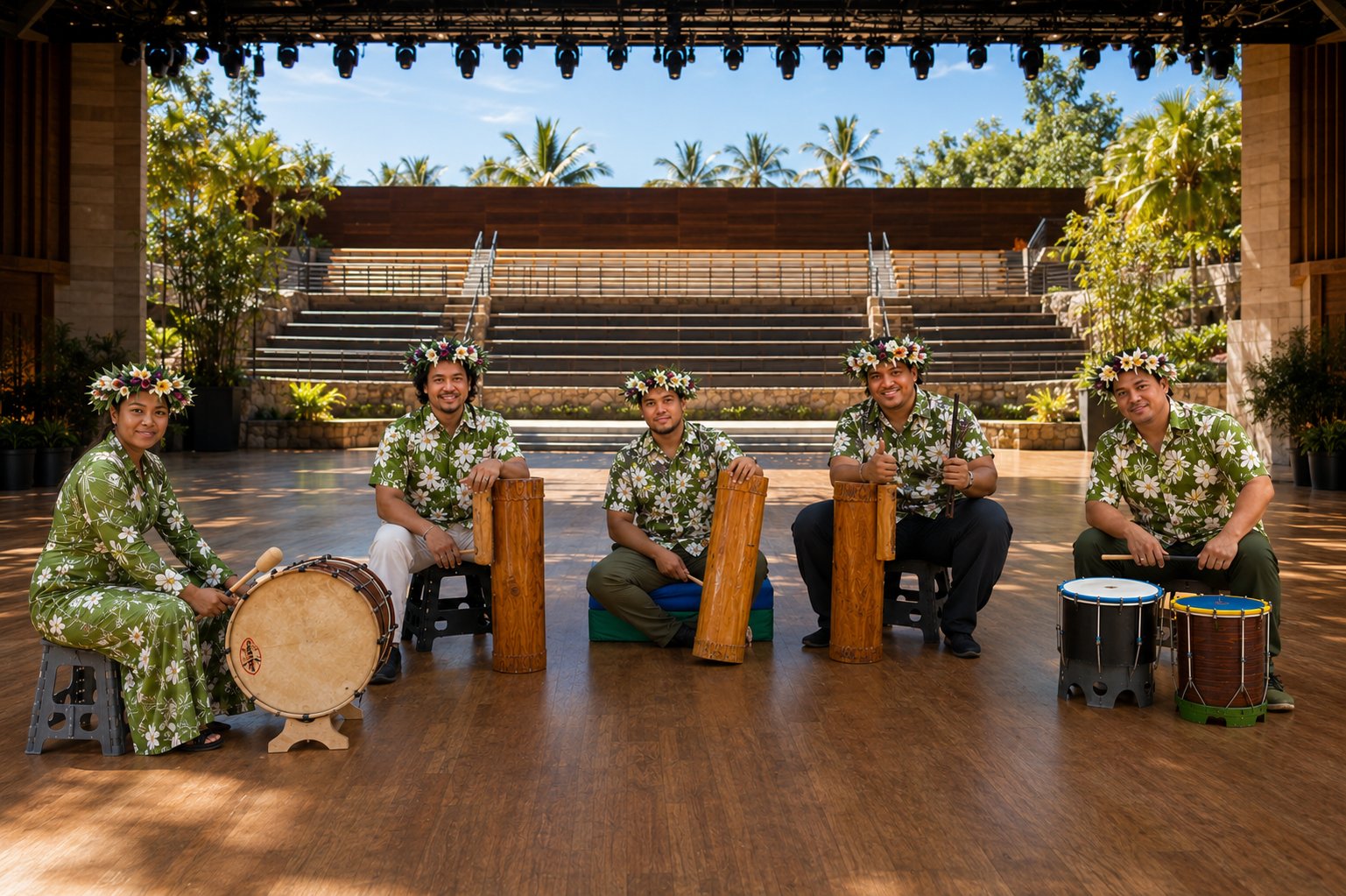 Orchestre de percussions polynésiennes avec to'ere, pahu et fa'atete