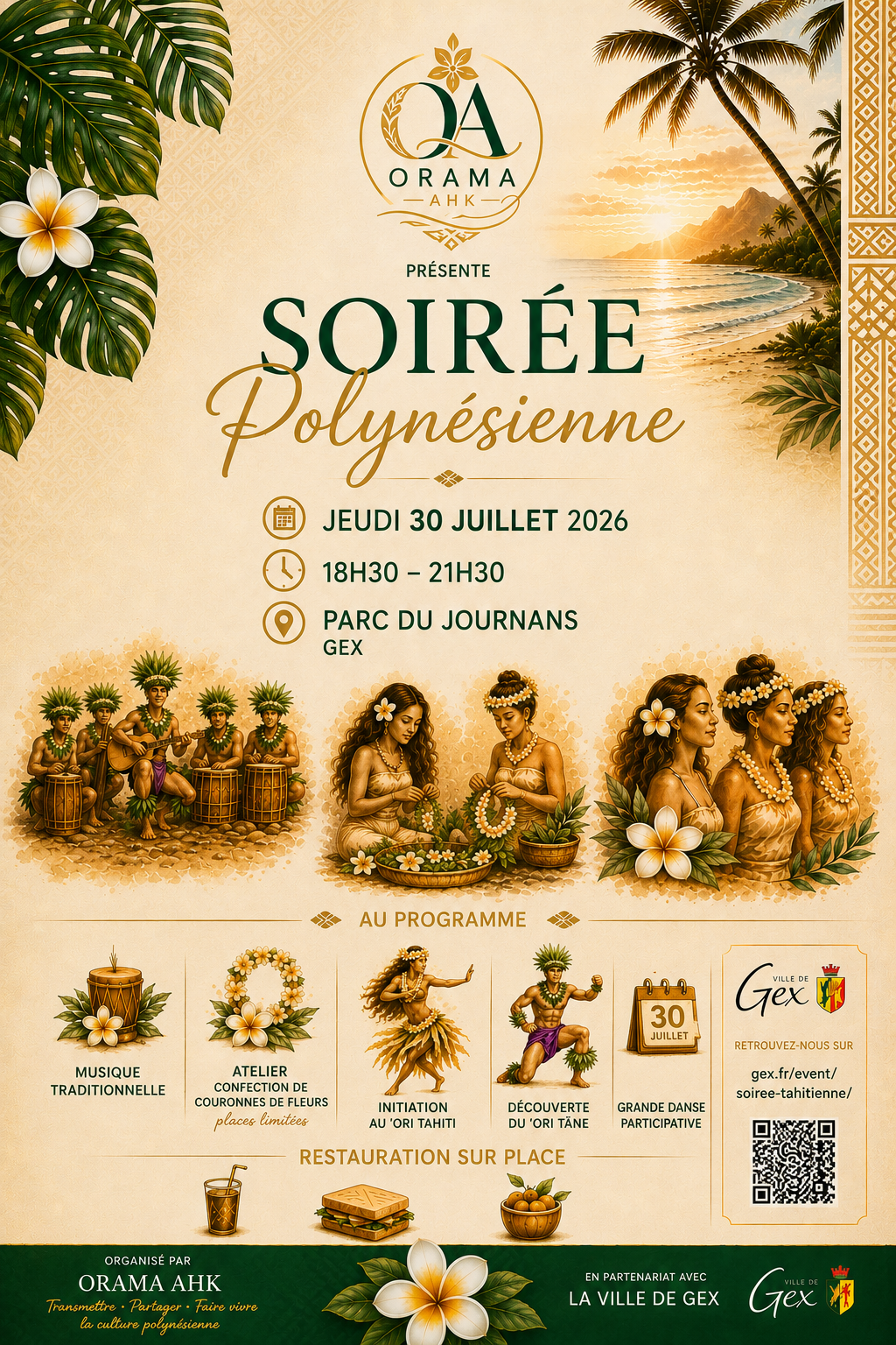 Affiche de l'événement culturel tahitien du 30 juillet 2026 au Pôle des loisirs de la Poudrière de Gex